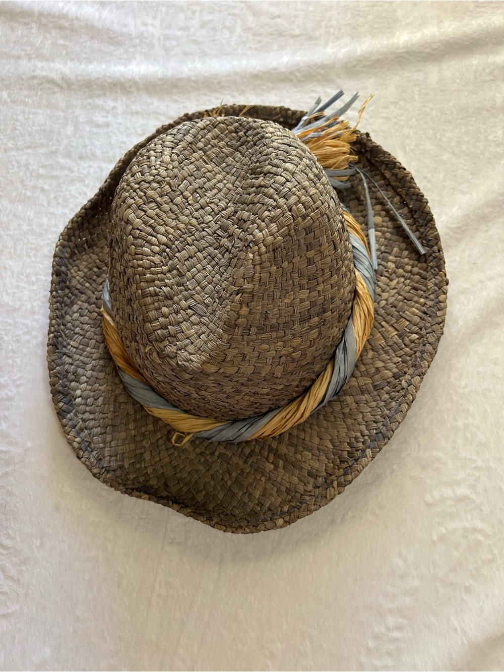 betmar New York woven straw hat in blue with blue and tan raffia band